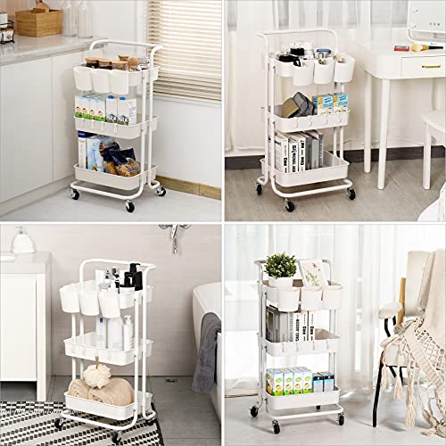 alvorog 3-Tier Rolling Utility Cart Storage Shelves Multifunction Storage Trolley Service Cart with Mesh Basket Handles and Wheels Easy Assembly for Bathroom, Kitchen, Office (White)