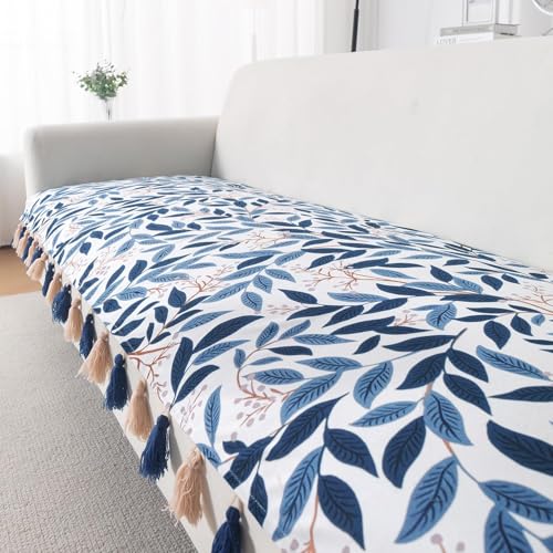 Image of HOKIPO Printed Holland Velvet Sofa Cover with Tassel for 1 /2 /3 Seater & L Shape Sofa | Make Your Own Set, 'Whispers of Nature' Sofa Mat, 70(W) x 120(L) cm, Indigo Foliage (NEW-IN-1119-D10)