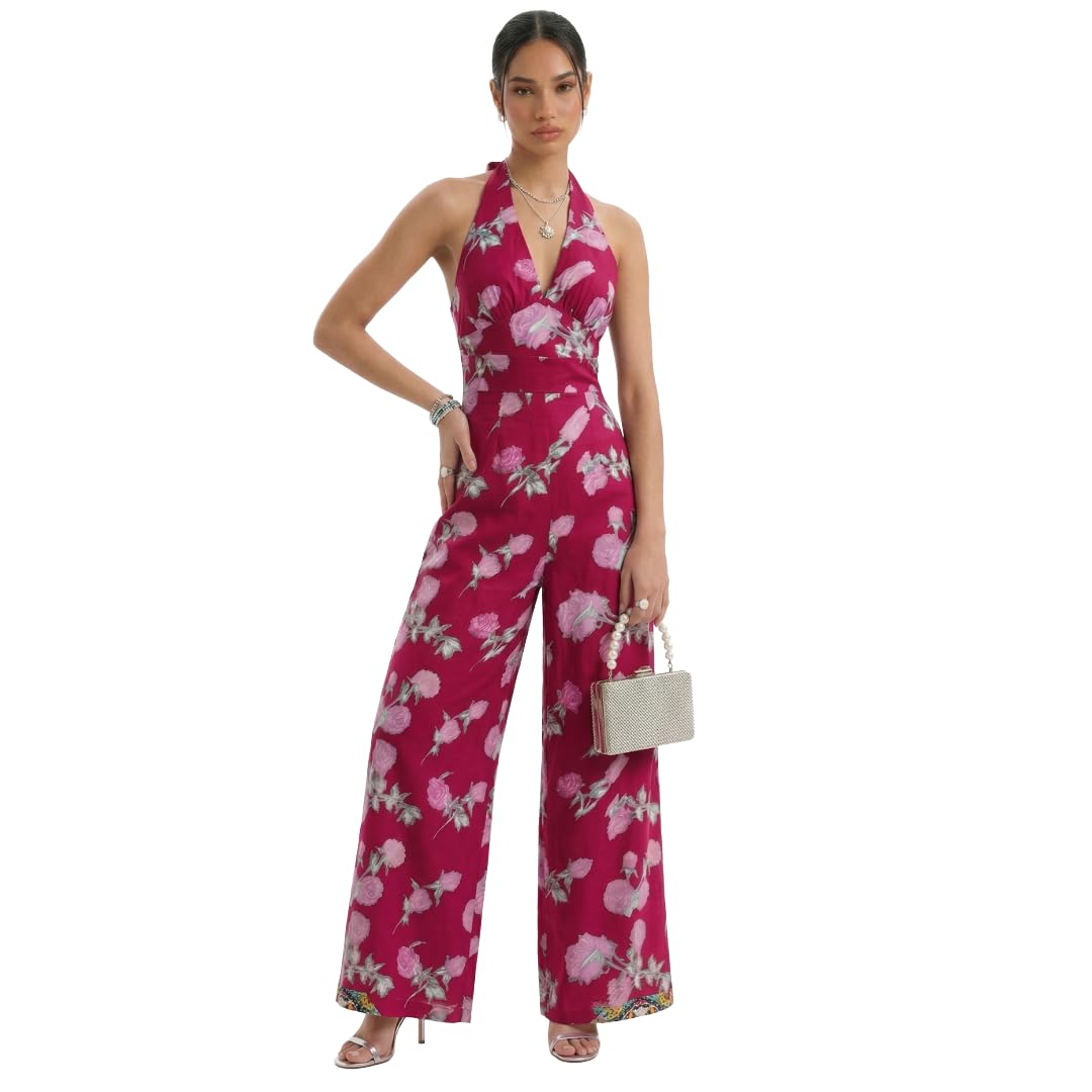 mynoori Women’s Red Floral Printed Halter Neck Jumpsuit for Women Sleeveless Wide Leg Casual Summer Outfit Elegant Backless Playsuit-picture-33