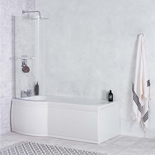 Image of Modern White P Shape Shower Bath 1675 mm with Front Panel & Curved Wall Pivoting Glass Screen