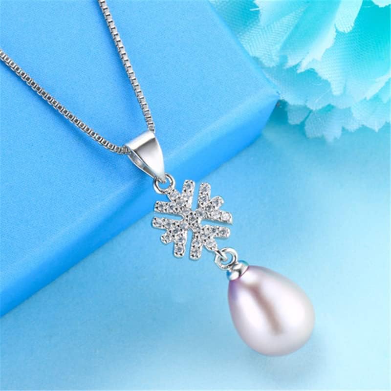 Vista 6 de UNSM Colgante fino de plata de ley 925 con copo de nieve y circón, collar de perlas ovaladas de agua dulce natural genuino, colgante de perlas