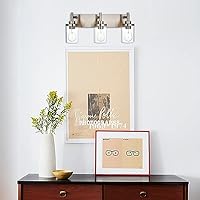 Vista 3 de Lámparas de baño, 3 luces, moderna lámpara de pared de níquel cepillado con pantalla de vidrio transparente, luces modernas de montaje en pared