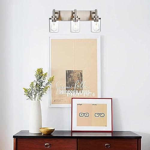 Miniatura 3 de Lámparas de baño, 3 luces, moderna lámpara de pared de níquel cepillado con pantalla de vidrio transparente, luces modernas de montaje en pared para