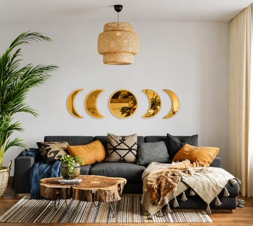 Image of Moon Phase Wall Decor with Beige Laminated Pine Wood Frame & Golden Acrylic Mirror | Boho Celestial Wall Art for Living Room, Bedroom, Yoga & Meditation Room