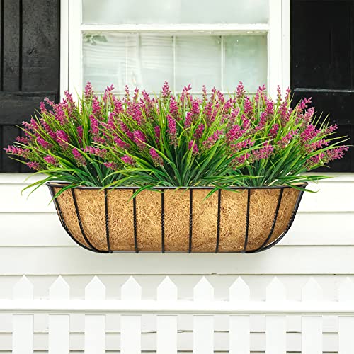 Obbsie 12 Bundles Artificial Plants Outdoor, 18.2" Uv Resistant Faux Monkey Grass Greenery Stems No Fade Faux Plastic Flowers Shrubs For Home Weddings Garden Porch Front Patio Office Decor - Rose Red #TOP5