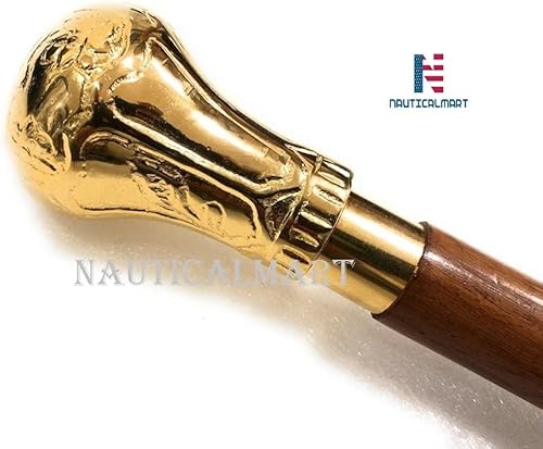 Miniatura 4 de Bastón antiguo vintage chapado en oro con mango de madera marrón