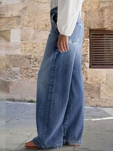 Flamingals Wide Leg Jeans for Women Mid Waist Baggy Stitch Decor Denim Washed Pants Without Belt2