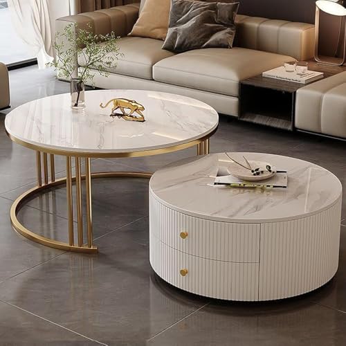 PJGFBYT Modern Round Nesting Coffee Tables Set Of 2 With Large Storage Space, Easy To Maintain, Suitable For Living Room, Bedroom, Office, Balcony, Apartment Use.(Size:35x50-45x70,Color:Gold)
