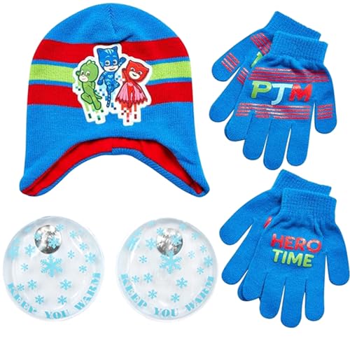PJ Masks Winter Hat and 2 Pair of Gloves or Mittens Set (Toddler Little Boys) Size Age 4-7, PJ Mask Gloves With Handwarmers