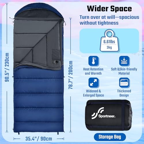 Schlafsack 0 Grad XXL 230 x 90CM Winterschlafsack mit Abnehmbarer Kapuze und weichem Kristallsamt-Futter für Erwachsene