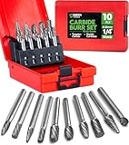 Carbide Burr Set 1/4' (6.35mm) Shank – 10 Pcs Double Cut Die Grinder Bits for Milling, Carving, Engraving, Deburring, Drilling, Hard Wood and Metals – Tungsten Carbide Drill Bit Set for Rotary Tools