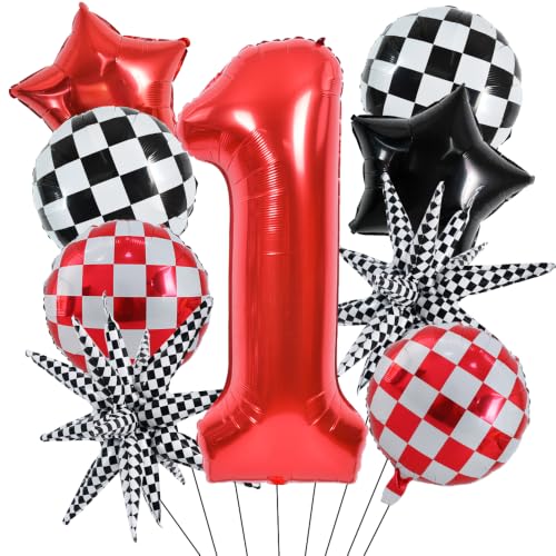Image of TONIFUL Race Car Party Balloons Set - 40 Inch Red Number 1 Foil Balloon with Checkered Round, Explosion Star & Star Balloons for Boys 1st Birthday Car Themed Decorations, Photo Backdrop Supplies