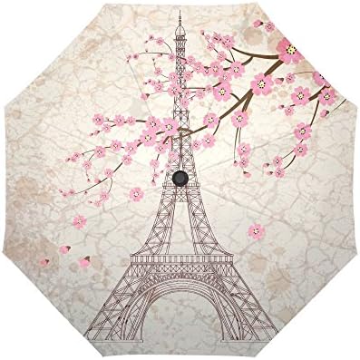 InterestPrint Vintage Paris Eiffel Tower Windproof Compact One Hand Auto Open and Close Folding Umbrella, Antique Paris-City Pink Flowers Rain & Outdoor Unbreakable Travel Umbrella