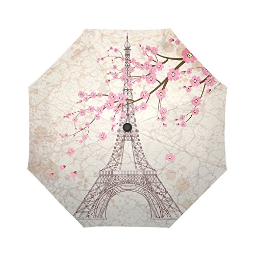 Interestprint Vintage Paris Eiffel Tower Windproof Compact One Hand Auto Open And Close Folding Umbrella, Antique Paris-City Pink Flowers Rain & Outdoor Unbreakable Travel Umbrella #TOP2