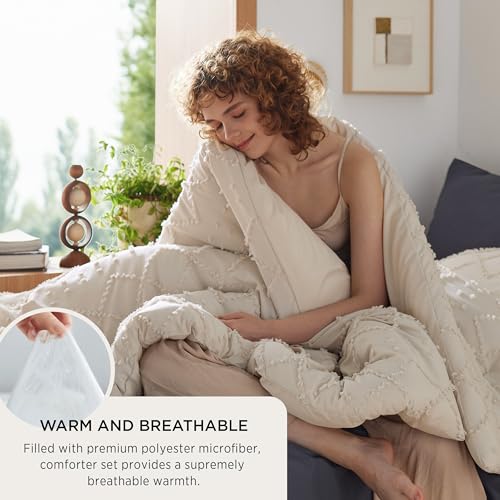 Image of Bedsure Twin Comforter Set - Beige Comforter, Boho Tufted Distressed Vintage Bedding for Kids, 2 Pieces Farmhouse-Style Bed Set for All Seasons, Fluffy Soft Bedding with 1 Pillow Sham
