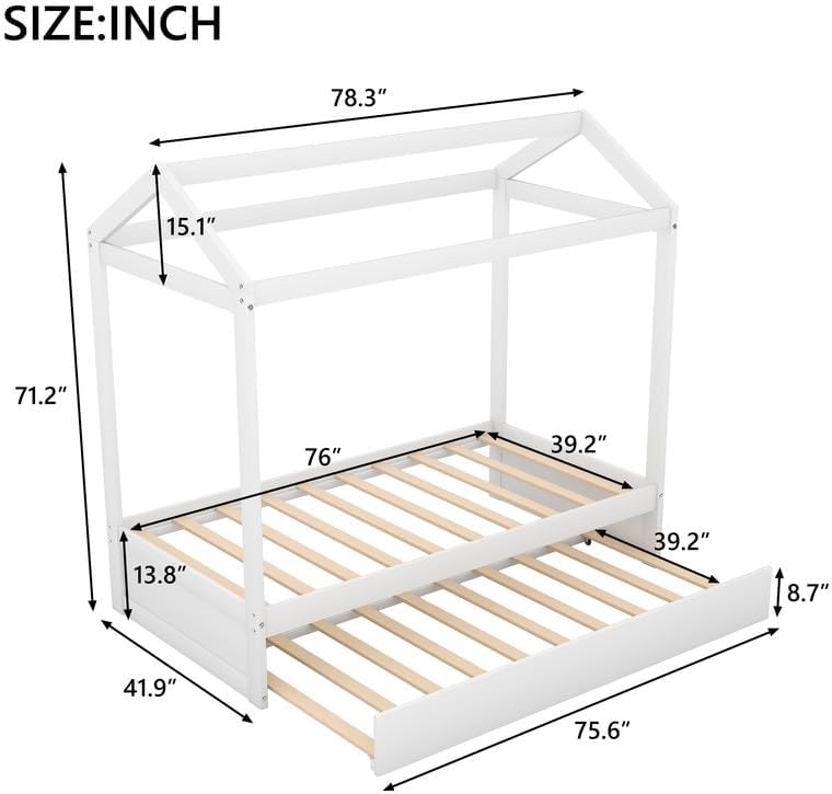 Twin Bed Frame with Trundle, Wooden Playhouse Platform Bed Twin Floor Bedframe with Roof, Can Be Decorated, Space Saving Design, No Box Spring Needed, White