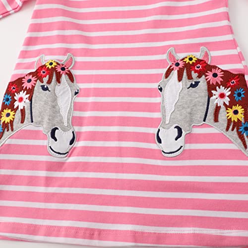 Image of Girls Cotton Long Sleeve Casual Cartoon Appliques Striped Jersey Dresses