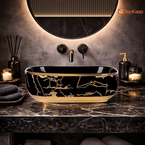 Image of BONKASO Black & Gold Luxury Table Top Wash Basin (45 x 32.5 x 13.5 cm) | Designer Ceramic Countertop Bathroom Sink | Modern Rectangle Vanity Art Basin PB1006