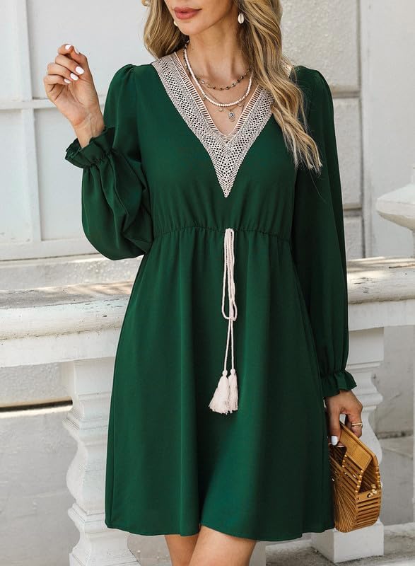 Image of Dokotoo Womens V Neck Dresses Lantern Long Sleeve Lace Trim Midi Dress Tassel Belt Shirt Dress