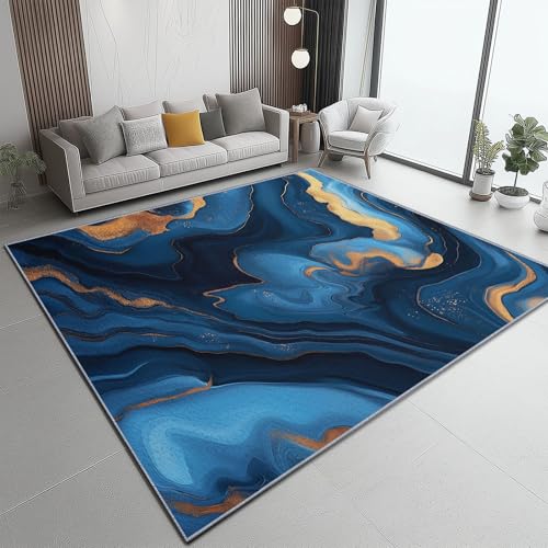 Tapis de salon moiré marbré bleu or prestige 140x200 - 4