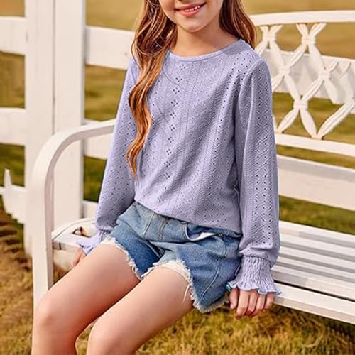 Girls Stylish Eyelet Embroidery Long Sleeve Shirts Teen Girls Dressy Casual Blouse Tunic Cute Vacation Tops Crewneck4