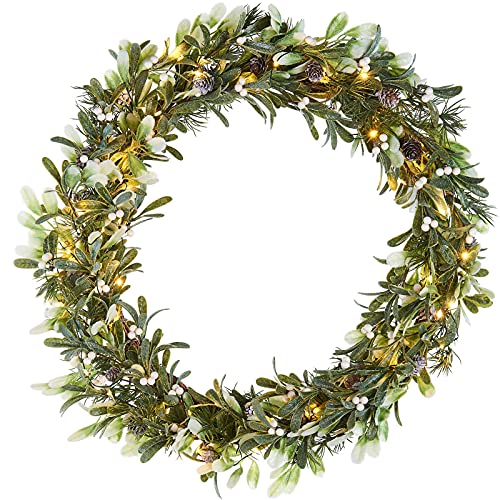 WeRChristmas Pre-Lit Frosted Mistletoe Wreath, 50 Warm White LED Lights, Green, 76 cm