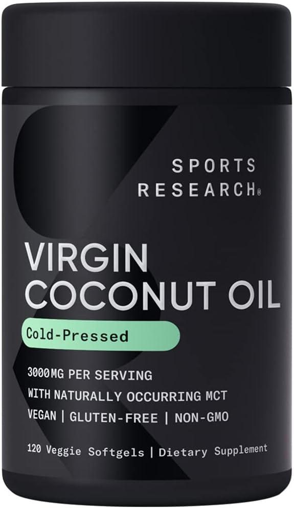 Sports Research Extra Virgin Organic Coconut Oil Capsules | Vegan Certified, Non-GMO Verified Coconut Capsules (120 Plant Gels)