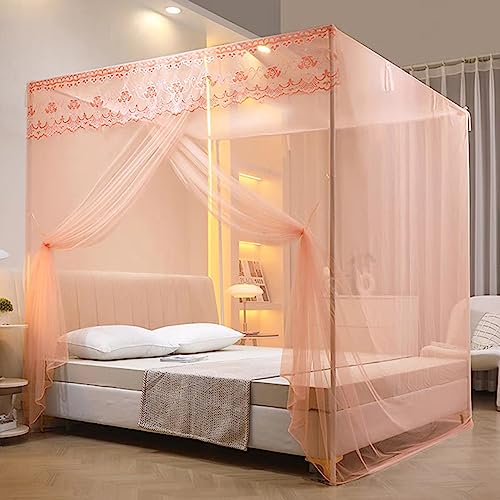 Soporte de cama de cuatro esquinas con mosquitera, marco de cama con dosel de acero inoxidable para adaptarse perfectamente a tu cama, plata, naranja, doble