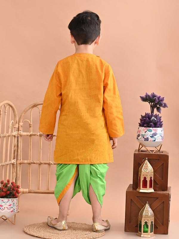 Image of superminis Baby Boy's Handloom Cotton Kurta With Embroidery Around The Neck And Contrast Color Dhoti Clothing Set