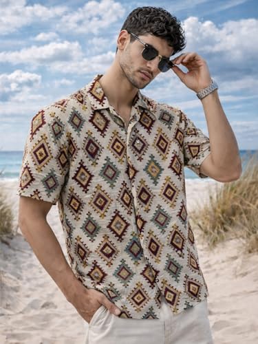 Image of Veirdo Men's Printed Camp Collar Shirt, Oversized Fit, Short Sleeve Casual Resort Wear, Button-Down Summer Shirt for Men, Cotton Fabric (Sizes S to 2XL)