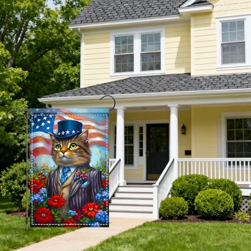 Image of Nuxovilar Veterans Day Garden Flag Cat Patriotic Hat 12x18 Polyester | Patriotic Flag, Cat Banner patriotic garden flag, military memorial sign yard, porch, patio (Patriotic Cat)