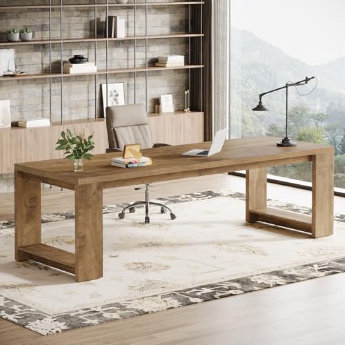 Image of Tribesigns Two Person Desk Set of 2, 86.6-Inch Extra Long Wood Desk, Double Computer Writing Table, Wood Large Workstation for Home Office, Wood Color