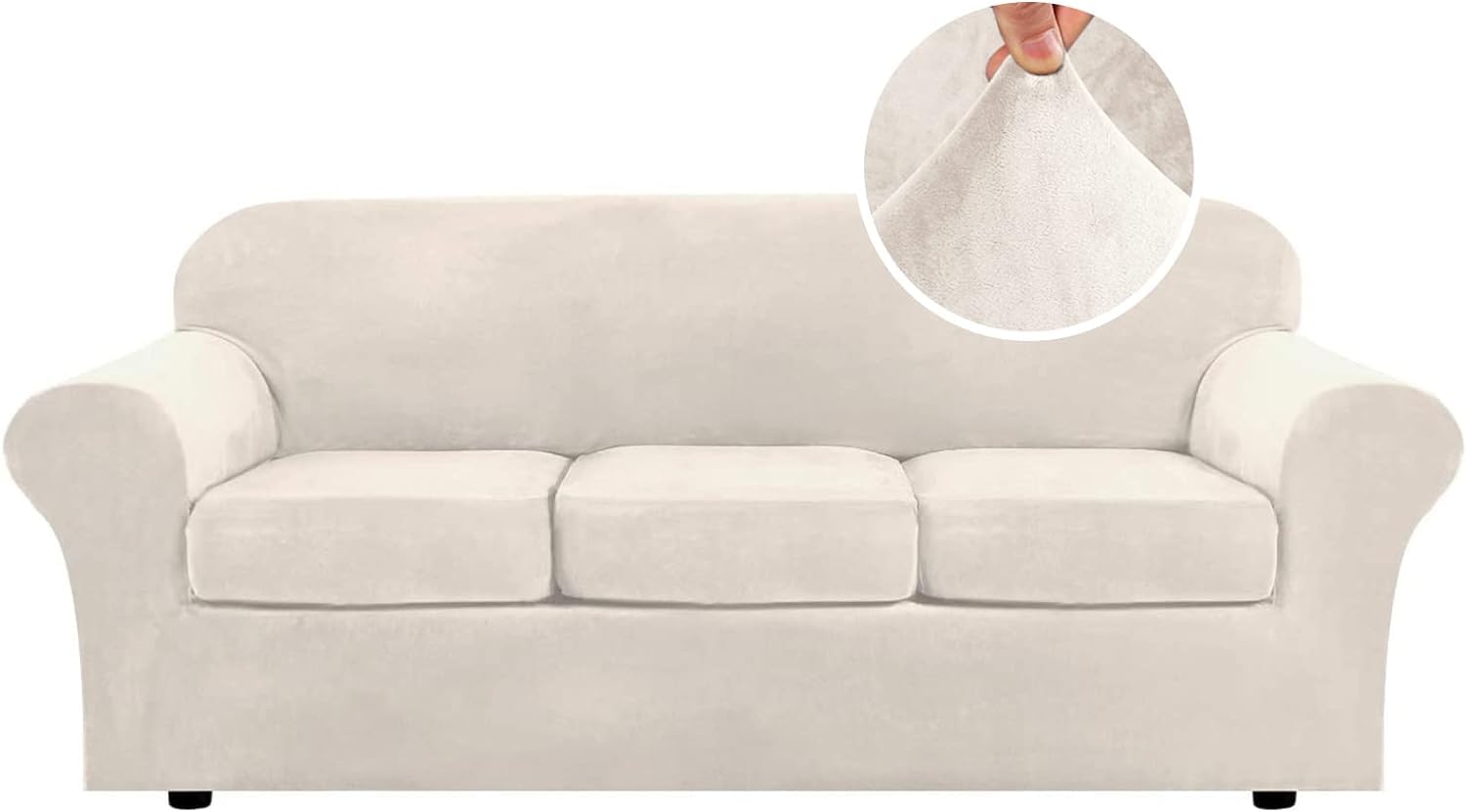 LINGKY Velvet Sofa Cover 3 Seater With 3 Separate Sofa Seat Cushion Covers, Stretch Couch Cover Non-Slip Sofa Slipcovers for Living Room Furniture Protector (Ivory,3 Seater)