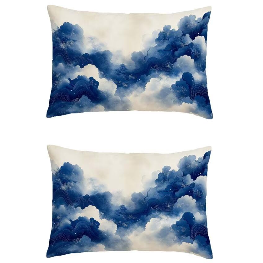 Taie oreiller décoration maison Japon bleu marine et lin rectangulaire