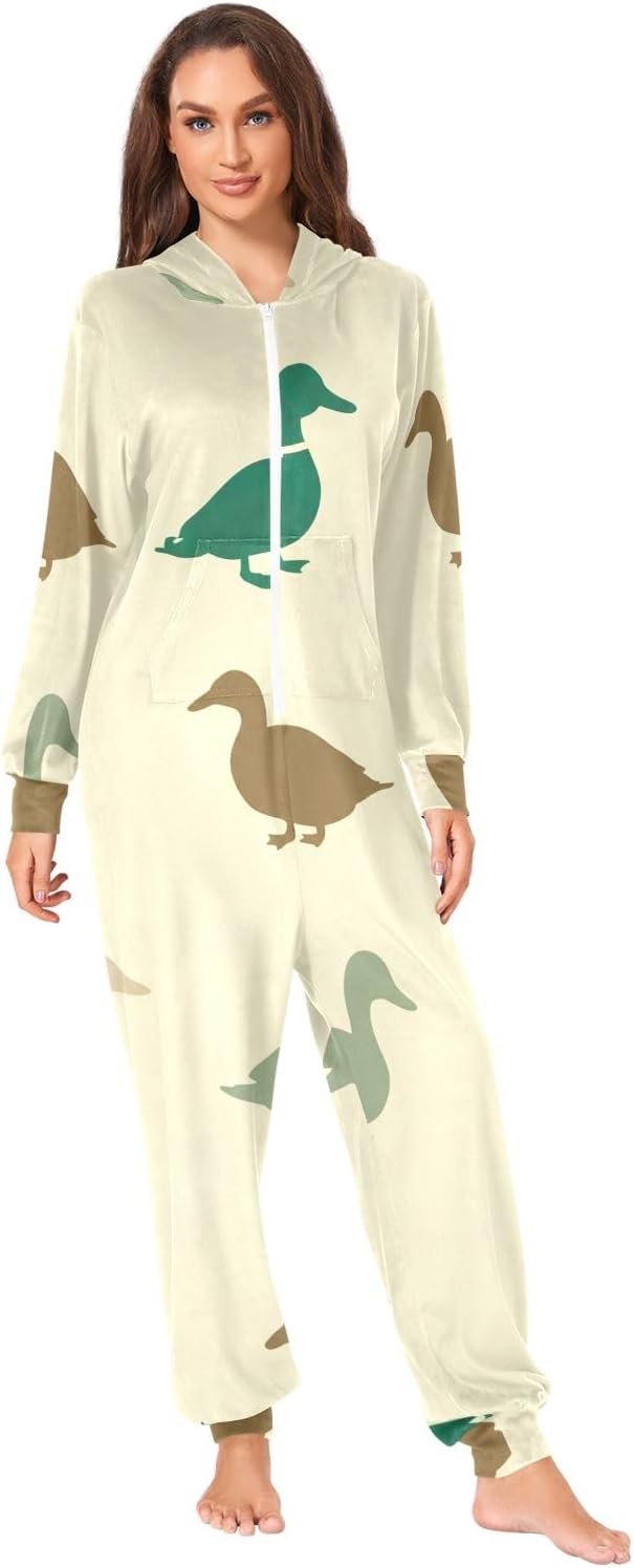 Cute Ducks Beige Adult Onesie Pajamas, Soft Hooded One Piece Sleepwear for Men Women Christmas Loungewear
