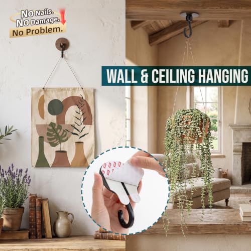 Image of TAILI Adhesive Ceiling Hooks for Hanging Plants, No-Drill 4 Pack Wood Grain