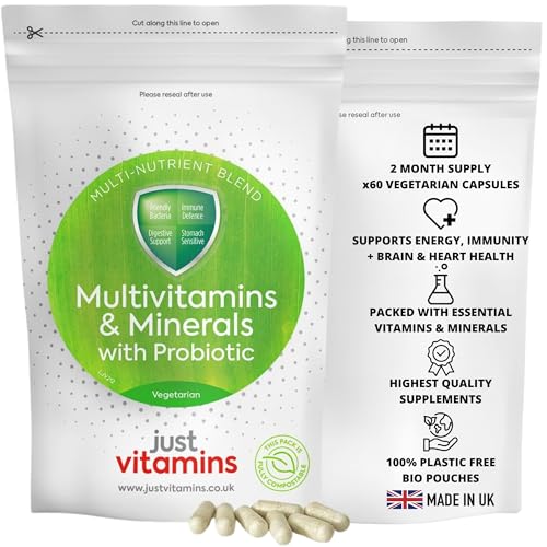 Probiotic Multivitamins & Minerals | 60 Tablets | Live Lactobacillus Acidophilus, Prebiotics, Zinc, Vitamin D, Iron & B-Complex | Gut Health & Immune Support | Just Vitamins - Made in UK