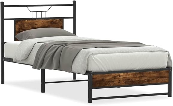 Single Bed Frame 90x200 cm in Smoked Oak Engineered Wood with Headboard & Steel Support 207x96x91.5 cm Modern Storage Space Underneath Ideal for Bedroom Guest Room or Loft