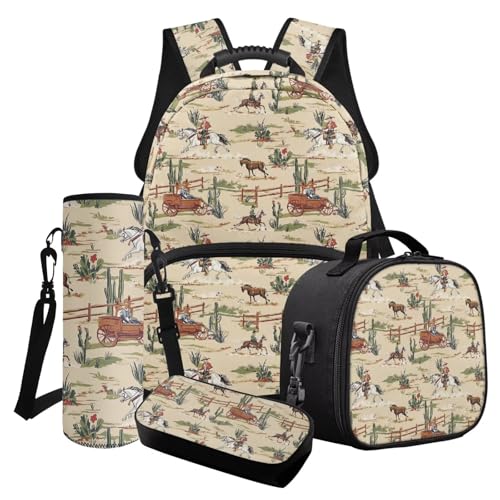 Western Cowboy Print Backpack Set for Boys School Backpack Set with Lunch Box Pencil Case Portable Water Bottle Holder 4 In 1 Preschool Backpacks, Brown
