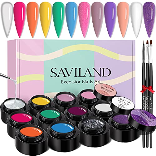 Saviland Builder Nail Gel Kit, 12 Colors Nail Extension Gel Nail Kit Glitter Hard Gel Strengthen UV/LED Gel Nail Manicure Set with Nail Brush Nail Forms for DIY Nail Art Supplies