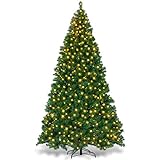 Goplus 9ft Artificial Pre-lit Christmas Tree Premium Spruce Hinged Tree with 700 LED Lights and Solid Metal Stand, UL-Certified Transformer