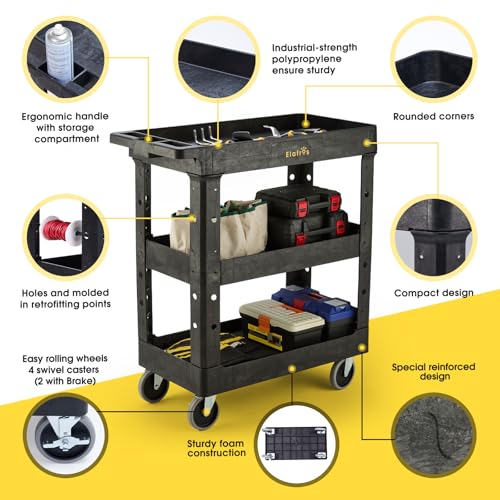 ELAFROS 3 Shelf Heavy Duty Utility Cart, 34" x 17" x 38.5", Rolling Work Cart with 4 Swivel Wheels, Deep Shelves, Safely Holds up to 550 lbs 3-Tier Service Tool Cart, Black - Thumbnail 4