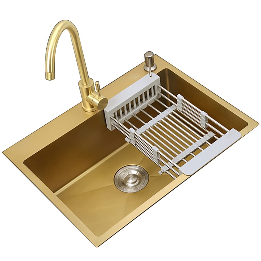 Évier de cuisine or brossé 45x40 cm bac simple en acier inoxydable encastrable avec robinet