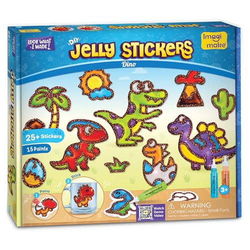 Image of Imagimake DIY Dino Jelly Stickers | 25+ Stickers - Paint, Peel & Stick | Glass Painting Activity Set with 15 Paint Tubes | Art and Craft Kit for Kids 3-6 Years | Birthday Gift for Boys & Girls Age 3+