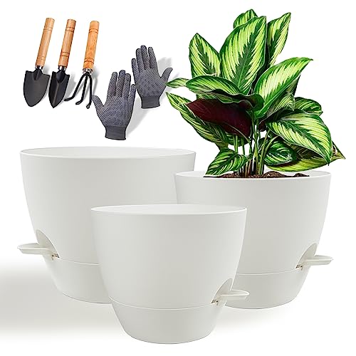 Bnsioeiic Self Watering Pots for Indoor Plants, 3 Pack 8/9/10 Inch Plant Pots with Mesh Drainage Holes and Deep Reservoir,Plastic Flower Pots for Indoor Outdoor Plants and Flowers White