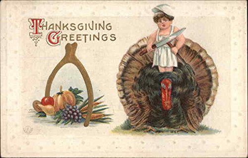 Thanksgiving Greetings - Turkey and Wishbone Turkeys Original Antique Postcard