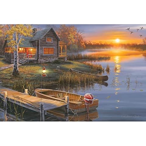 Rivers Edge Products LED Canvas Wall Art, 24 by 16 Inches, Fiber Optic Light Up Wall Decor, Battery Operated Lighted Nature Canvas Print, LED Light Kitchen, Bedroom, or Home Decor, Lake Cabin Cover
