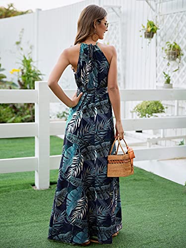 Floerns Women's Summer Tropical Floral Print Halter Neck Split Maxi Dress Dark Blue M #TOP1