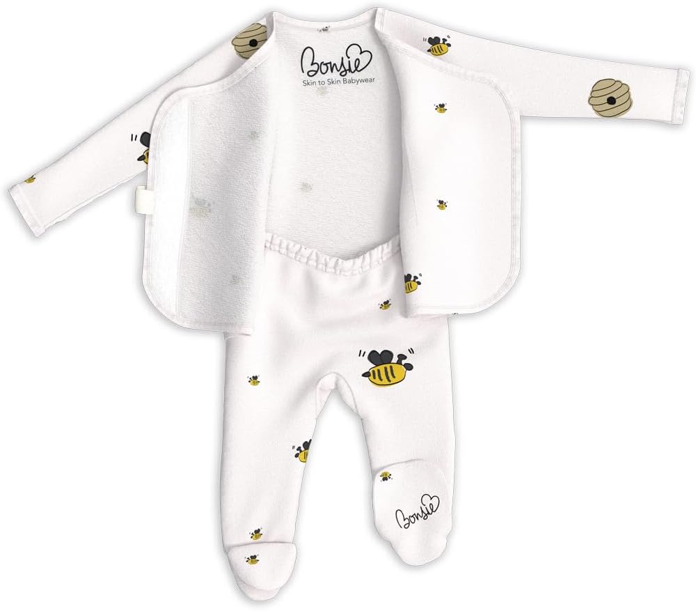 Bonsie Skin to Skin Babywear Footie Bodysuit - Baby Footed One Piece with Bee Pattern - Bees & Honey