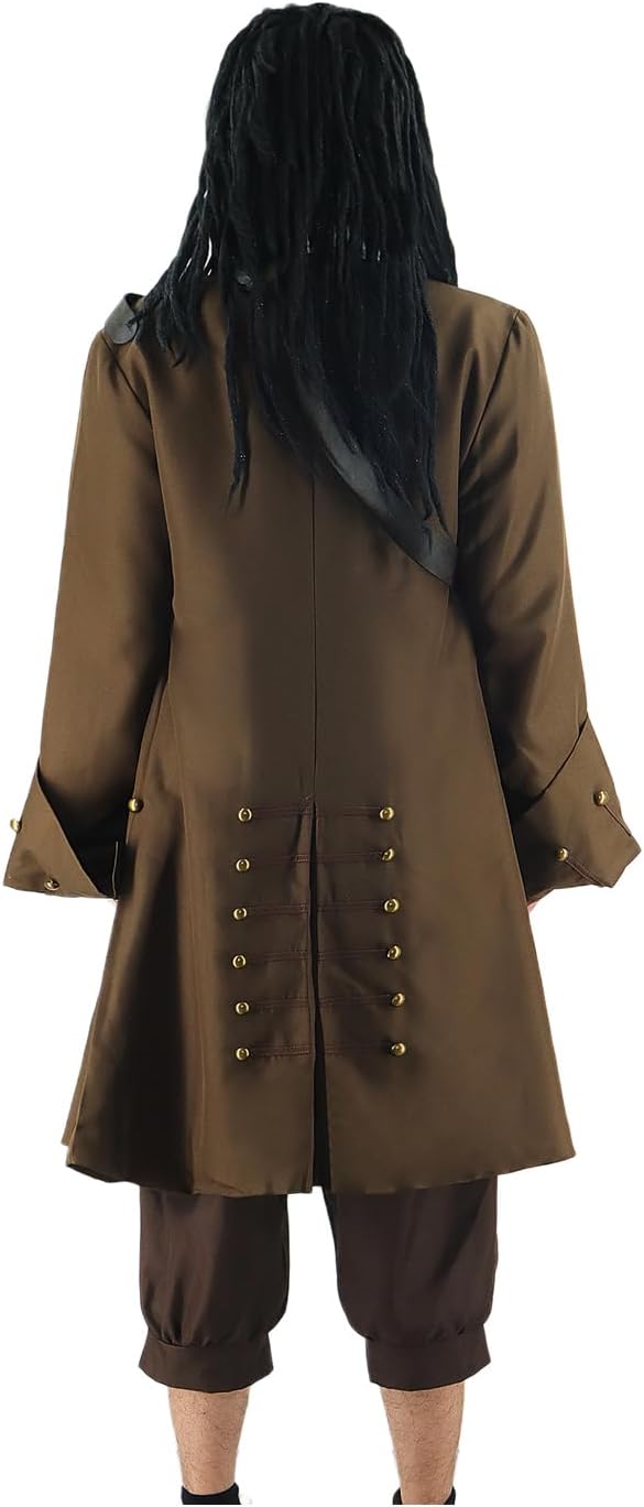 Men Pirate Costume Jack Sparrow Coat Vest Sash Pants Belt Goatee Beads Halloween Renaissance Party Outfit Brown - Image 6